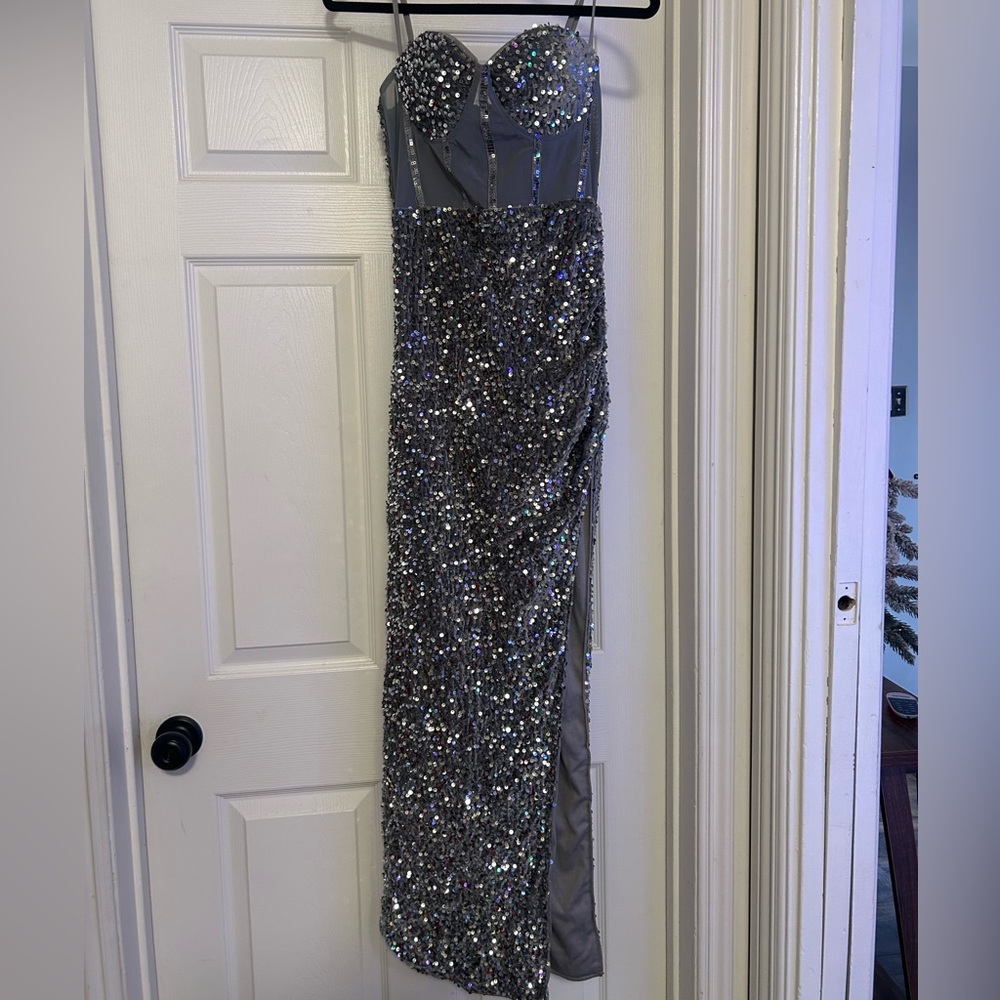 Sparkling Silver Sequin Long Formal Dress with Slit